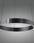 Modern pendant light with a black circular design on a gray background