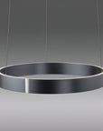 Modern pendant light with a dark gray circular shade on a gray background