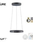 Neuhaus Pure pendant light with e-Lift branding and German Design Award Special 2024 badge on a white background.