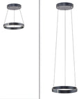 Two modern pendant lights with circular designs on a white background