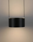 Modern black pendant light against a neutral background