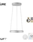 Neuhaus Pure pendant kinetic light with e-LIFT branding and German Design Award Special 2024 badge on a white background.
