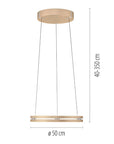 Kinetic pendant light with dimensions on a white background