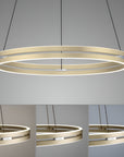 Modern pendant light with three different views on a gray background showing different colour temperatures.