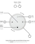 Kinetic light remote with labeled functions on a white background