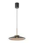 Modern kinetic pendant light with black and gold design on a white background