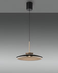 Modern pendant light with black and gold design on a gray background