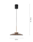 Pendant light with dimensions on a white background