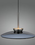 Modern pendant kinetic light with a dark glass shade on a gray background