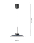 Black pendant lamp with dimensions on a white background