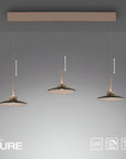 Modern pendant light fixture with three hanging lamps on a gray background, featuring the brand 'Neuhaus'.
