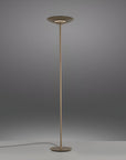 Floor lamp with a metallic base and shade on a gray background
