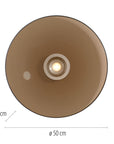 Round brown light fixture with dimensions on a white background