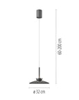 Black pendant light with dimensions on a white background