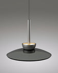 Modern adjustable height pendant light with a dark base and metallic fixture on a gray background