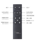 Black remote control with labeled buttons for lighting functions on a white background