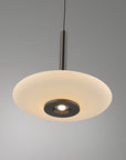 Pendant light with a beige glass shade and black fixture on a gray background