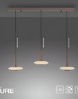 Modern pendant light fixture with three hanging lamps on a gray background, featuring the brand 'Neuhaus'.