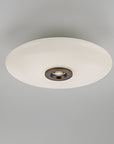 Ceiling light fixture with white shade and bronze fixture on a gray background