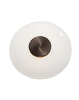 Round light fixture with white glass shade and bronze metal base on a white background