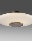 Modern ceiling light fixture with white shade and bronze base on a gray background