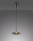 Modern pendant light with a manual comfort lift system on a dark gray background