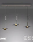 Modern pendant lights with 'Neuhaus PURE' branding on a gray background
