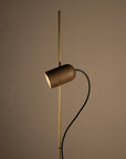 Modern floor lamp with brass finish and black cable on a brown background
