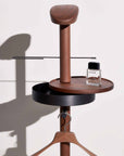 Close up of the graphite and walnut finish in the coat stand