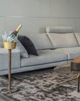 Gray sectional sofa in a modern living room with a champagne chiller stand
