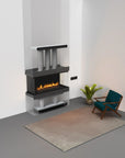 Modern living room with electric fireplace, armchair, and rug.
