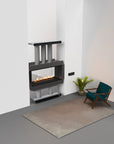 Modern living room with a freestanding electric fireplace and a chair.