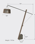 Floor lamp with dimensions and weight details on a light gray background