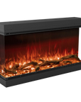 Electric fireplace with glowing logs and flames on a white background from Planika available at Spacio retail stores in Mumbai & Kolkata.