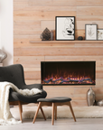 A living room adorned with a Planika Fireplace Electric LED Astro Wall Mounted, featuring design flexibility and utilizing 3D LED technology.