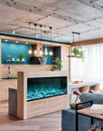 A kitchen with a blue walls and a Planika Fireplace Electric LED Astro Wall Mounted that showcases design flexibility with 3D LED technology.