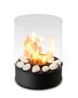 Portable fire pit with flames and rocks on a white background