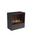 Modern black bioethanol electric fireplace with flames on a white background by Planika available at Spacio retail stores in India.