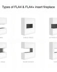 Diagram showing different types of FLA4 & FLA4+ insert fireplaces with labels.