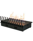 A sleek black Planika Bioethanol Fireplace Hot Box with mesmerizing flames fueled by an ethanol burner.