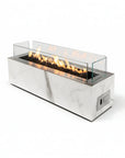 Modern outdoor gas fireplace with marble-like design on a white background