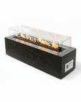 Modern rectangular fireplace with flames on a white background