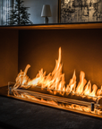 A Planika Fireplace Prime Fire in a dark room with flames, featuring 3D LED technology and Reflex Technology.