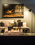 A living room with a Planika Fireplace Prime Fire and a painting on the wall.
