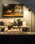 A living room with a Planika Fireplace Prime Fire and a painting on the wall.