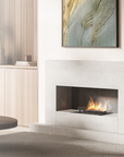 Modern luxury interior with artefacts, wall art and Planika's Senso burner insert fireplace from Spacio