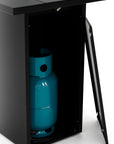 Blue gas cylinder inside a black cabinet fireplace