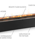 Diagram of Planika Cool Flame Pro artificial fireplace, highlighting its scent oil holder, LED flame stabilizer, and satin-finish design. Available at Spacio India.