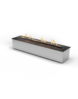 Rectangular fire pit with flames on a white background from Planika available at Spacio retail stores in Mumbai & Kolkata.