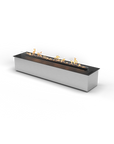 Rectangular fire pit with flames on a white background from Planika available at Spacio retail stores in Mumbai & Kolkata.